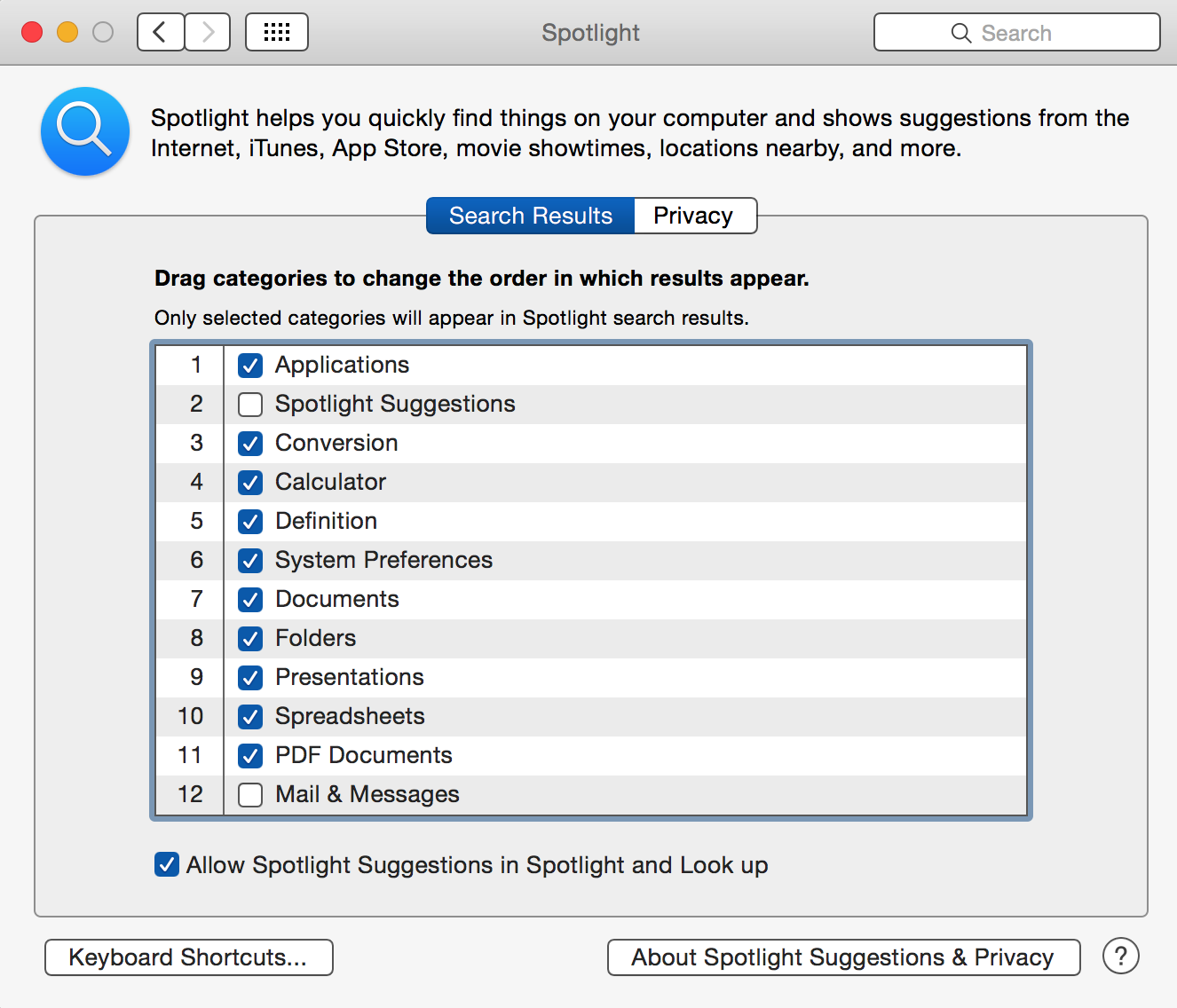 Spotlight preferences