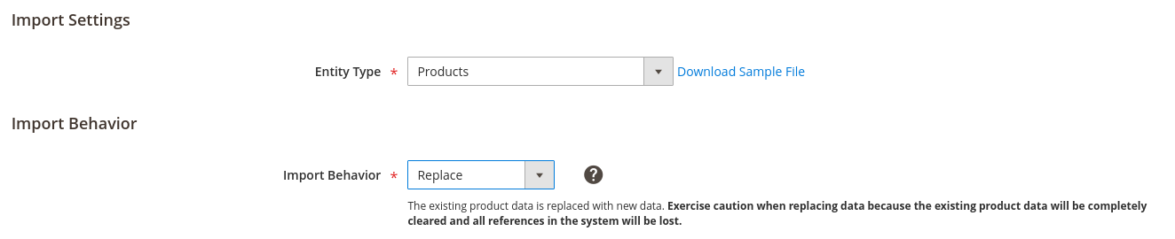 Replace product data - Settings