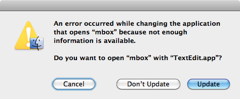 Screenshot of a dialog box containing 'An error occurred while changing the application that opens "mbox" because not enough information is available. Do you want to open "mbox" with "TextEdit.app"?'