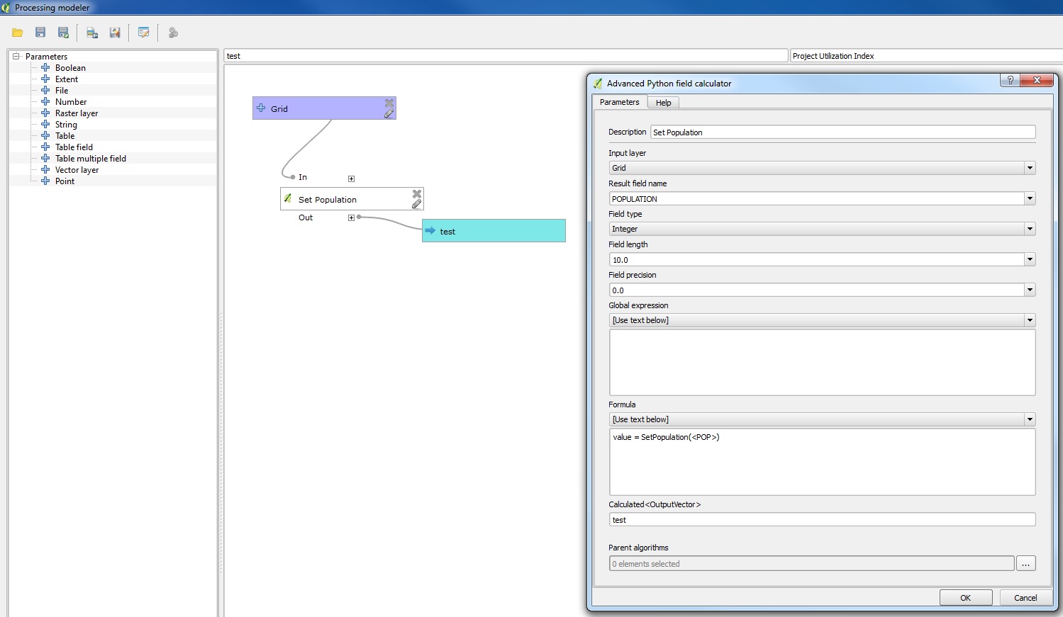 SetPopulation used in Advanced Python field calculator in model