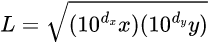 L = \sqrt{(10^{d_x} x ) (10^{d_y} y )}