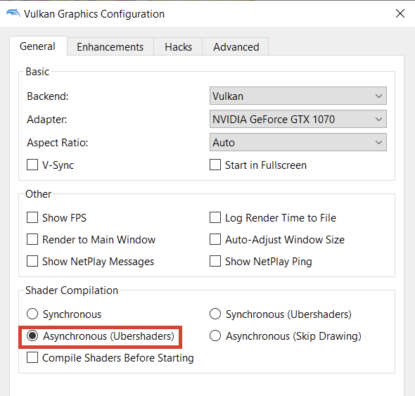 Graphics options, selected 'Asynchronous (Ubershaders)'