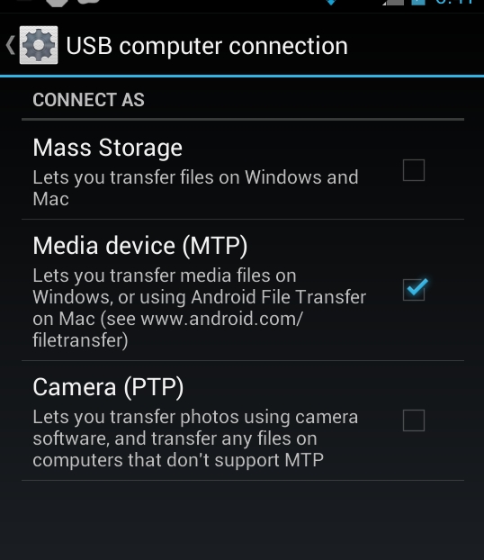 IMG: Screenshot of Droid set for Connect as Media Device (MTP) instead of Connect as a Mass Storage