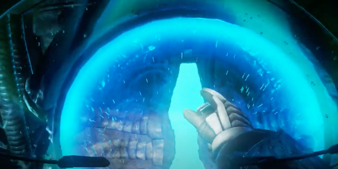 The player reaching into the beacon to turn it off.