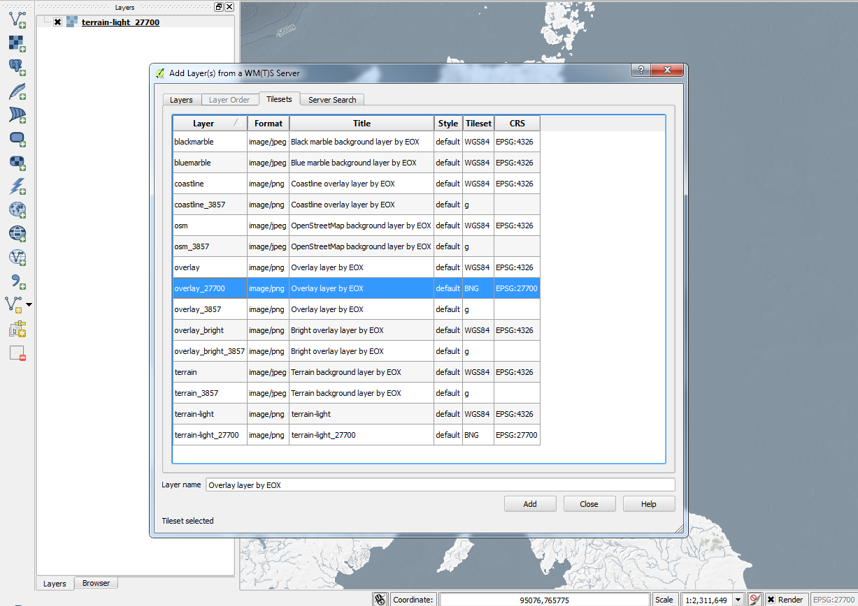 Selecting the WMTS layer from the Tilesets list in QGIS 2.2.0