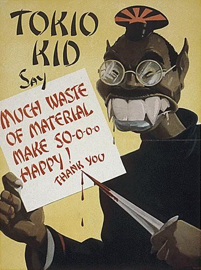 Japanese caricature labeled "Tokio Kid say" with sign "Much waste of material make so-o-o-o happy! Thank you"