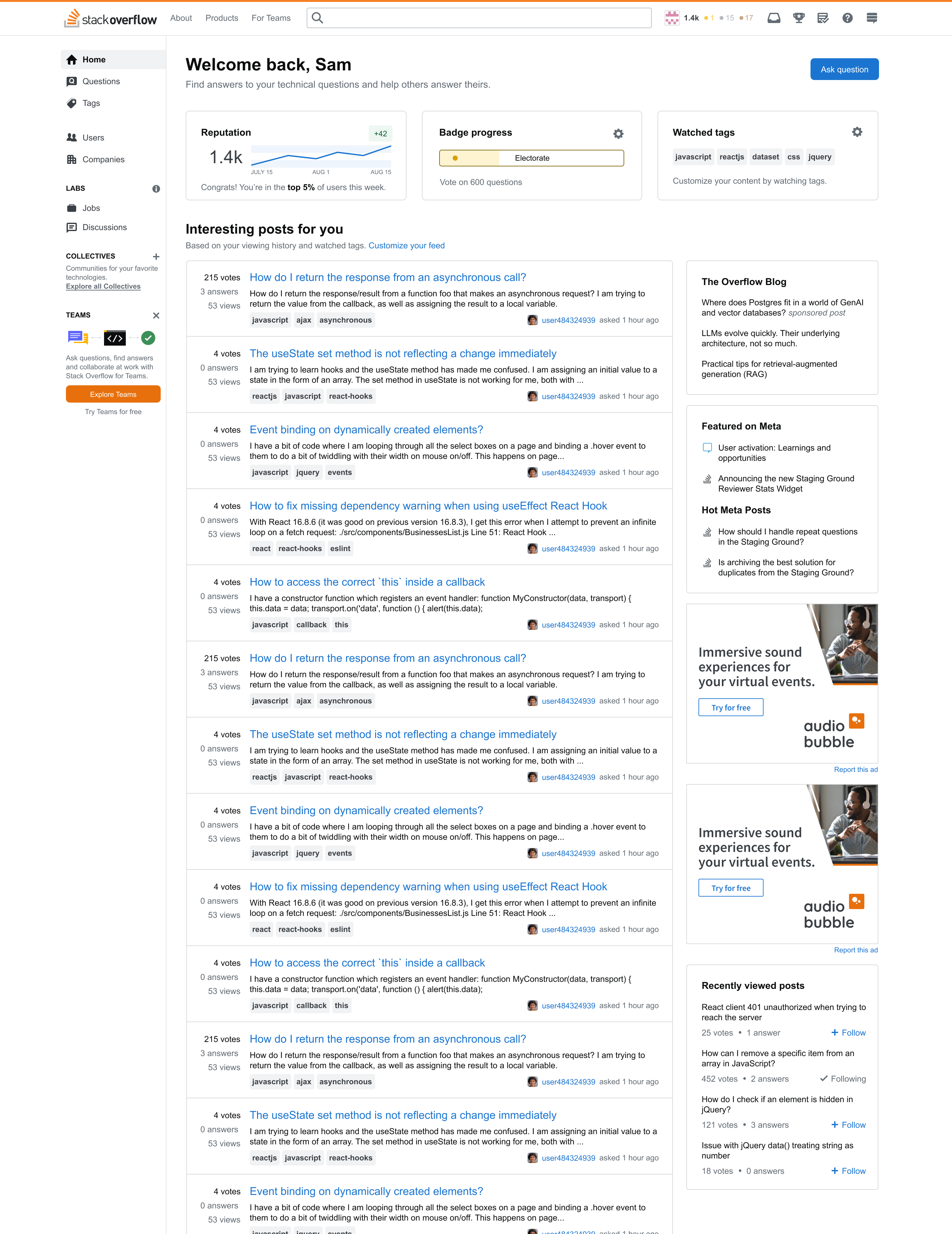 Complete screenshot of the entire homepage and how everything comes together with a question feed titled "Interesting posts for you" 