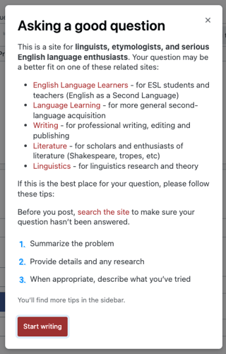 Screenshot of the "Asking a good question" modal on English Language & Usage