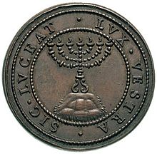 Reverse of 1590 coin in honor of Urban VII with menorah and the legend SIC•LUCEAT•LUX•VESTRA (Let your light so shine - Matt. 5:16)