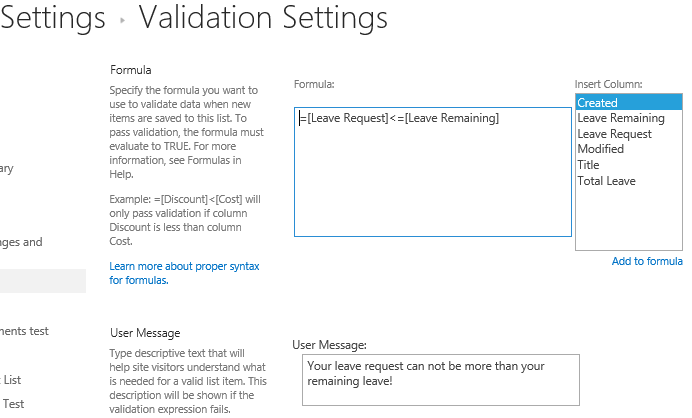 List Validation Settings