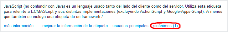 Extracto de etiqueta con el enlace a sinónimos que muestra "sinónimos (1)" para aclarar que ya existe un sinónimo aceptado