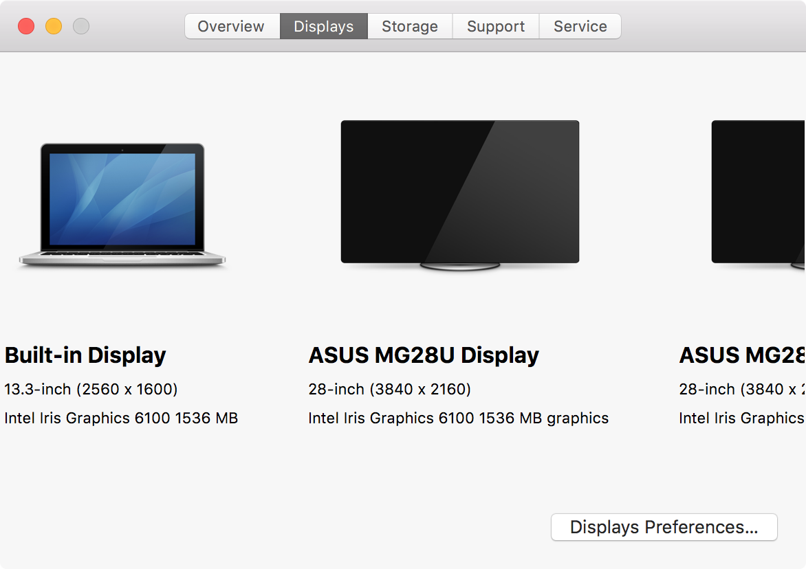 Screenshot confirming MacBook Pro driving 2 Asus MG28U monitors at 3840x2160