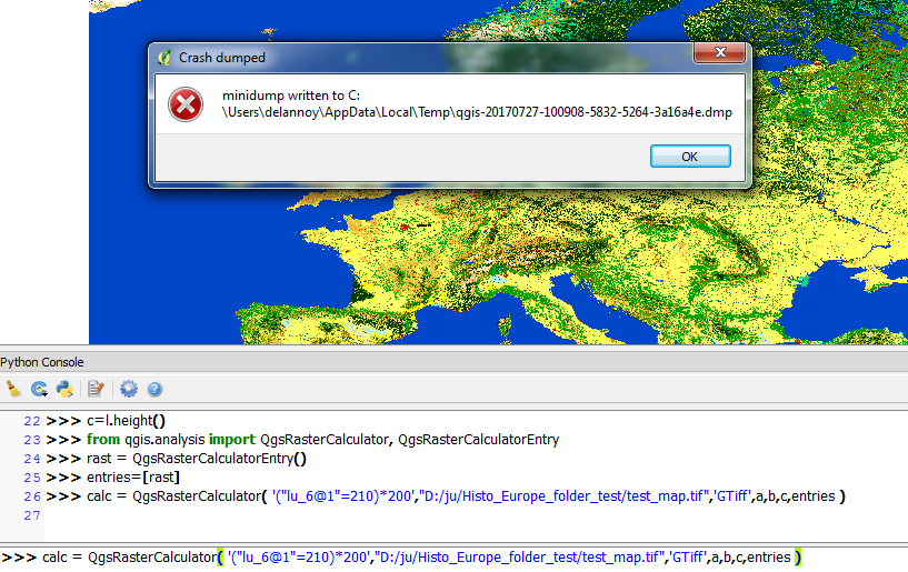 Error while using Qgis raster calculator from the console