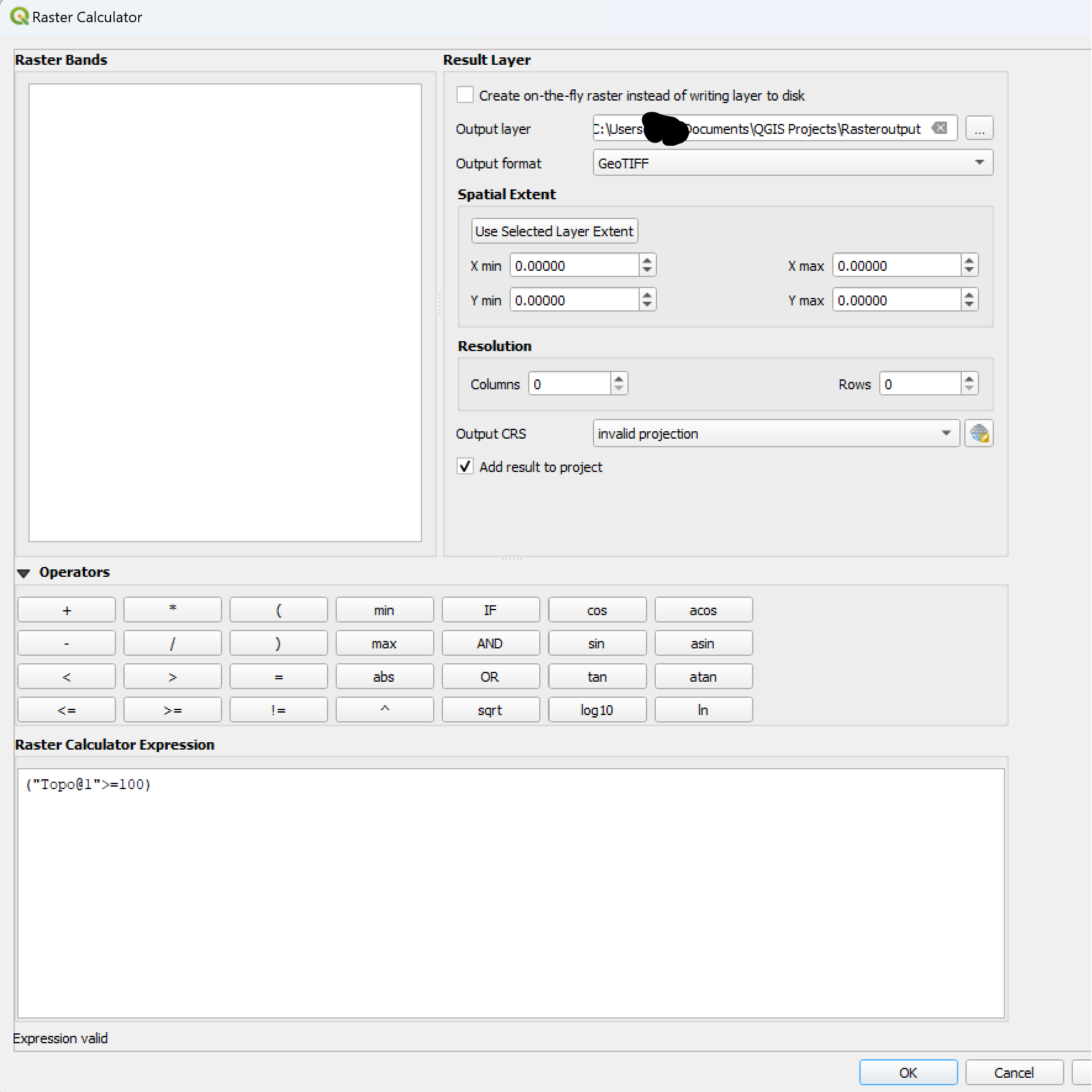 Screenshot of raster calculator