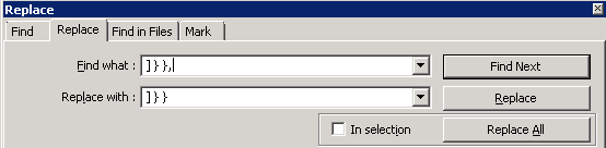 replace commas in notepad++
