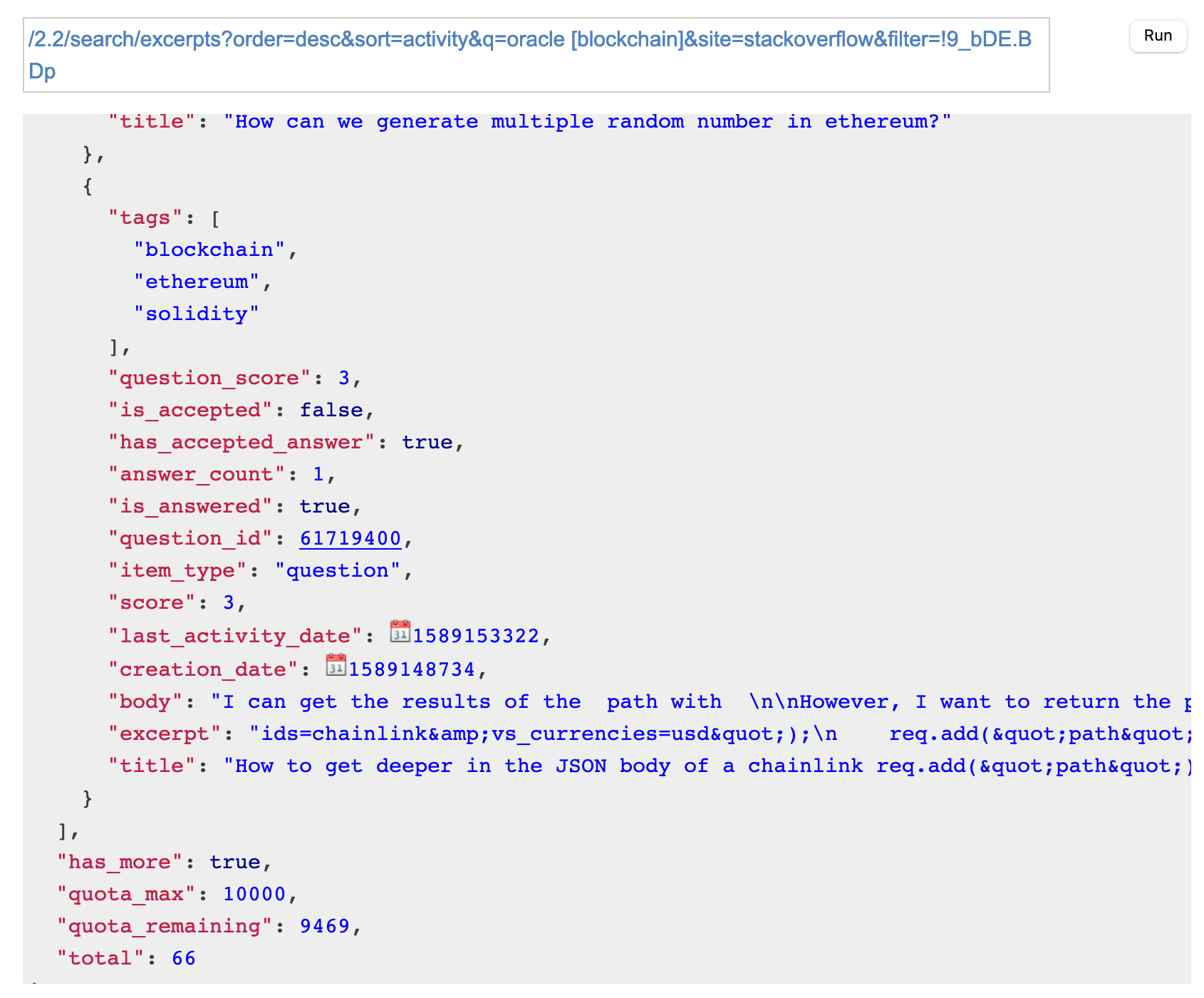 Fragment of the JSON result of the API call.