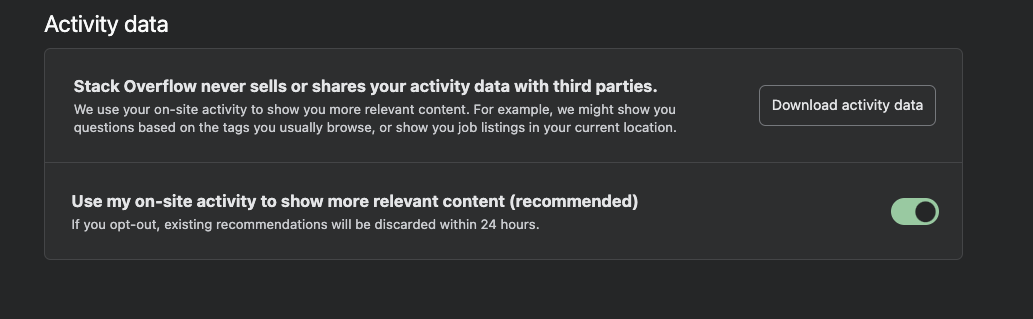 a depiction of the activity data section on the profile preference page