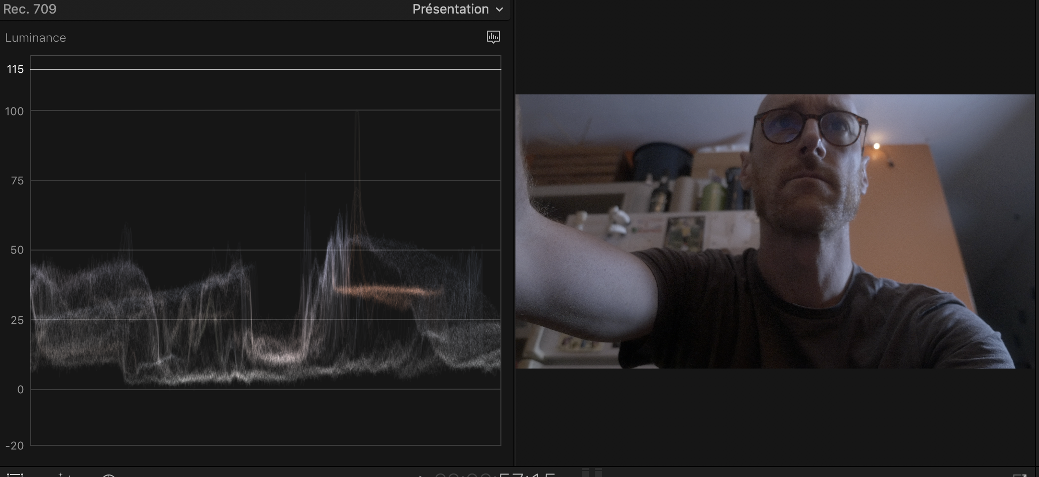 video capture of the scene, with Final Cut Pro X oscilloscope