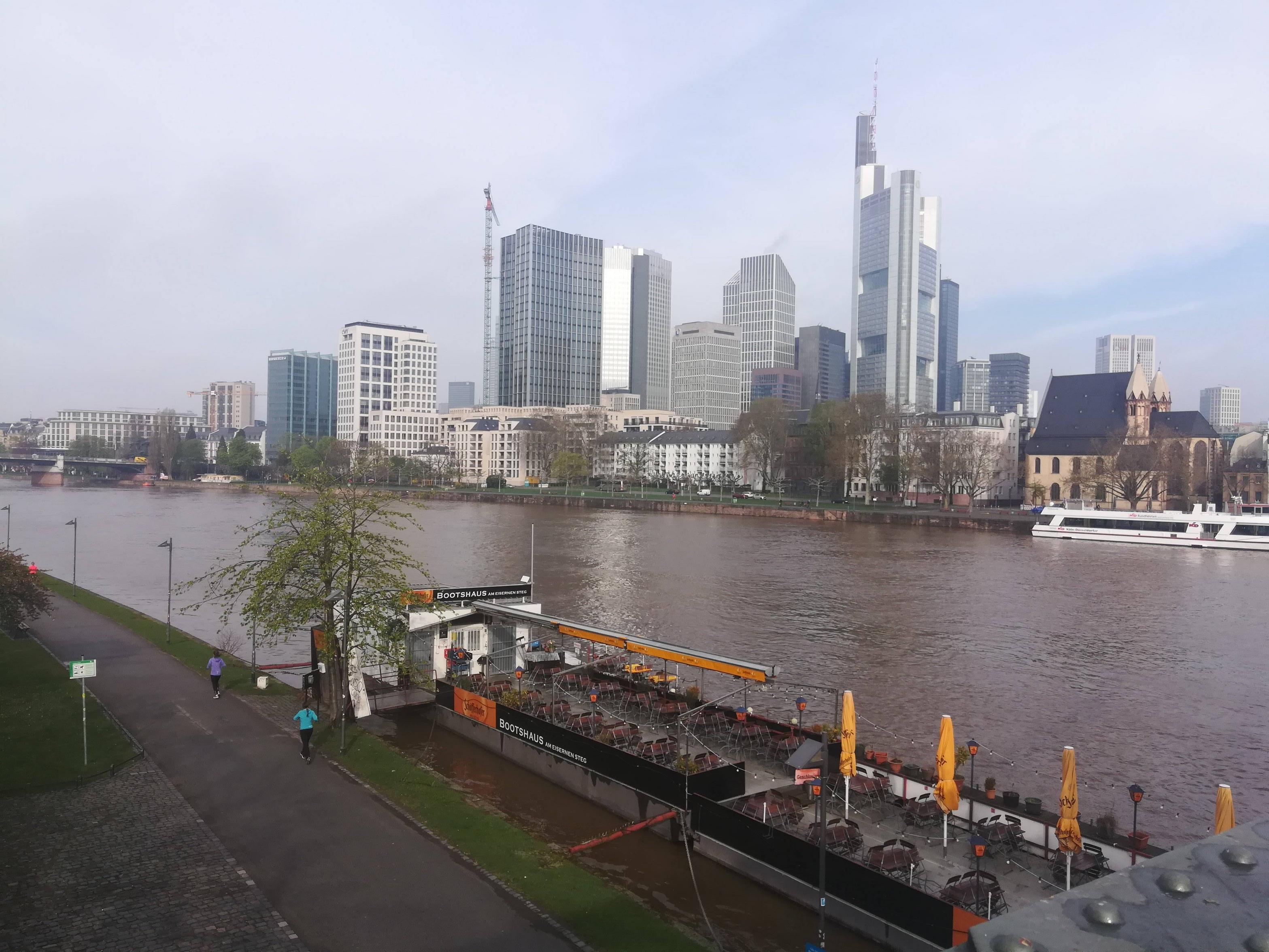 Franfurt's Huge Sky scrapers seen across river Main