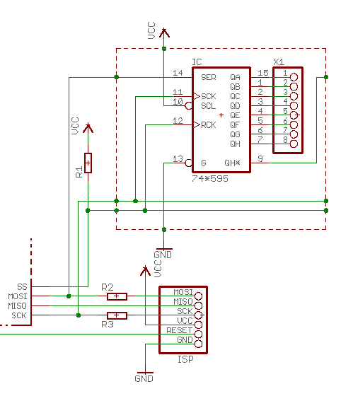 Example of SPI connection to 74*595 shift register IC