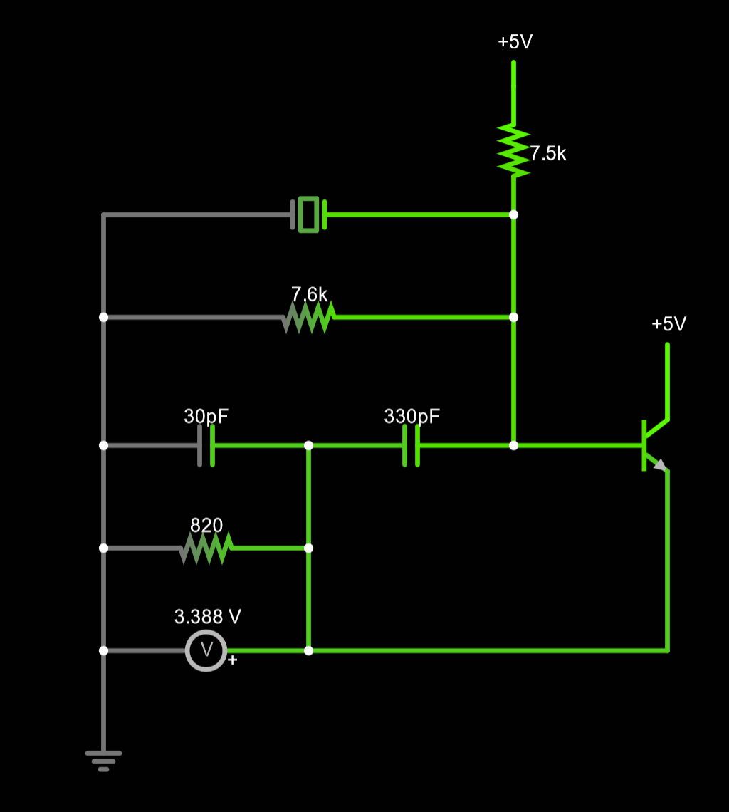 Falstad circuit diagram of a 9.808 MHz oscillator