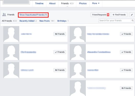 Screenshot showing the "Show Deactivated Friends" link