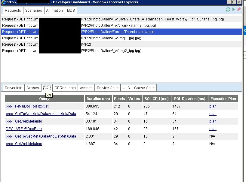 sql execute details in aspx request