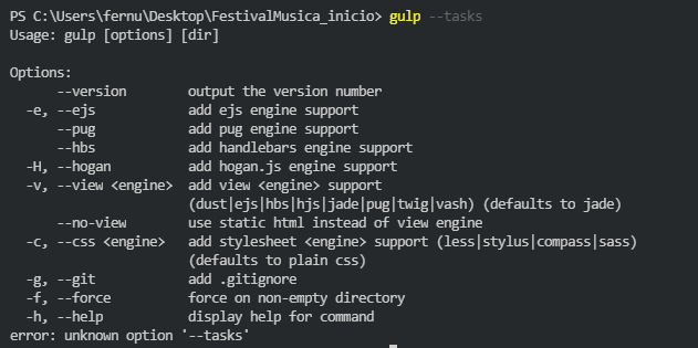 Resultado de usar gulp --tasks