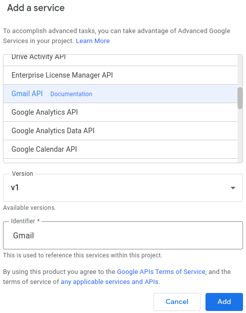 añadir API de gmail