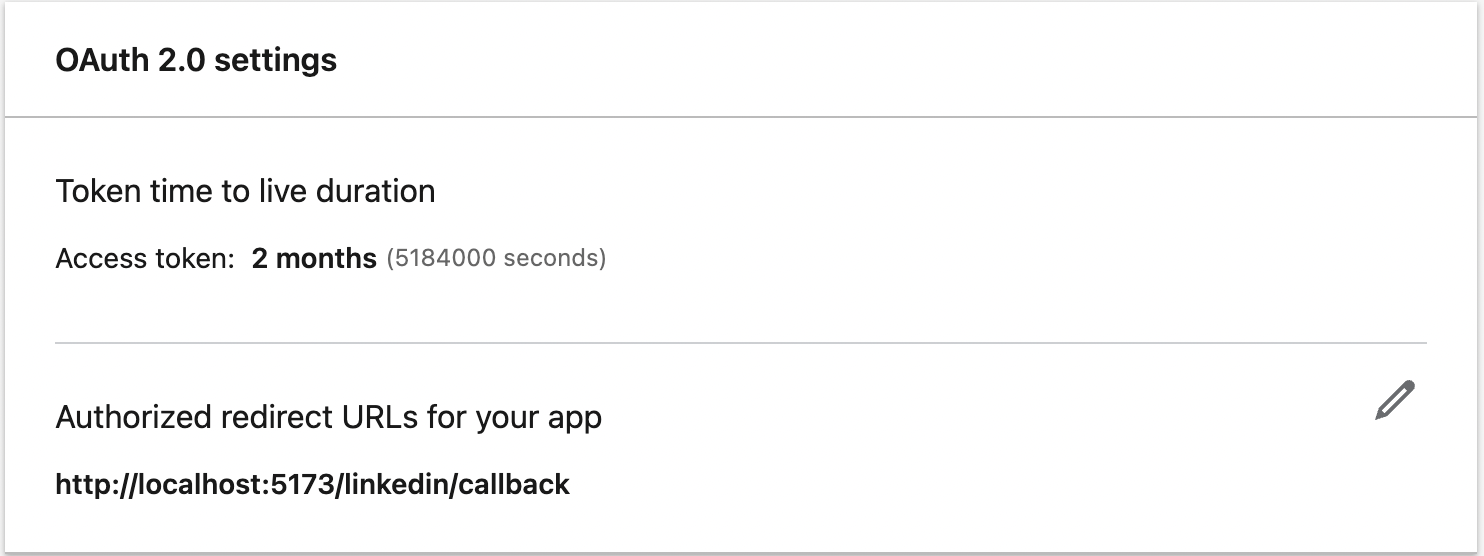 LinkedIn developer account redirect url settings