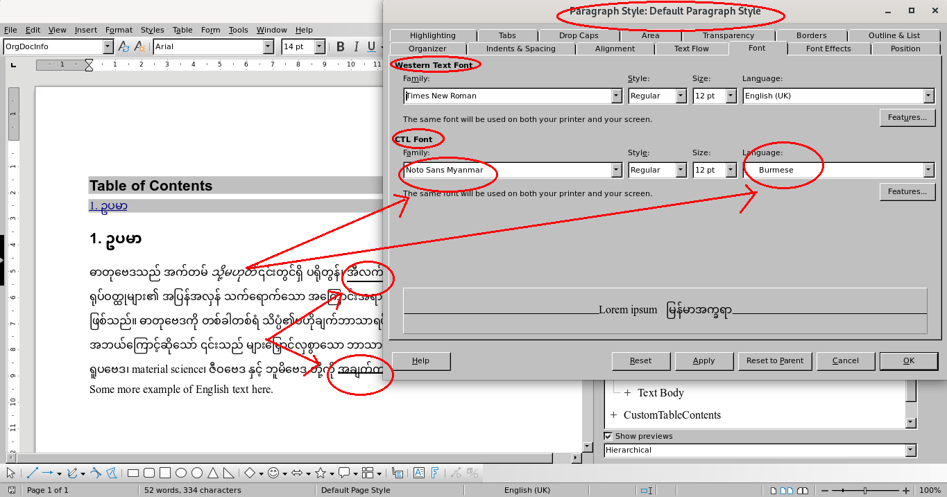 Mixed Burmese + English Text (LibreOffice)