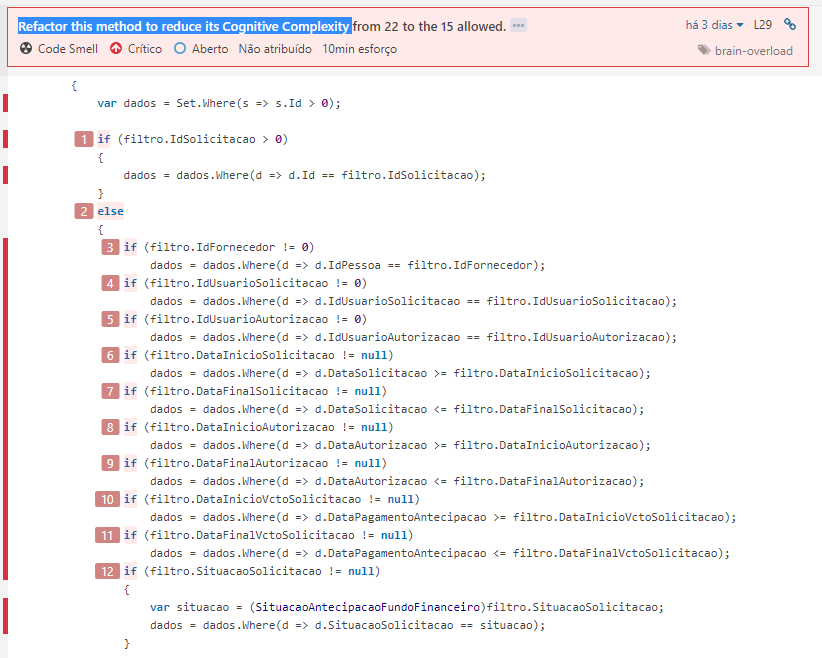 SonarQube indicando problemas de Cognitive Complexity