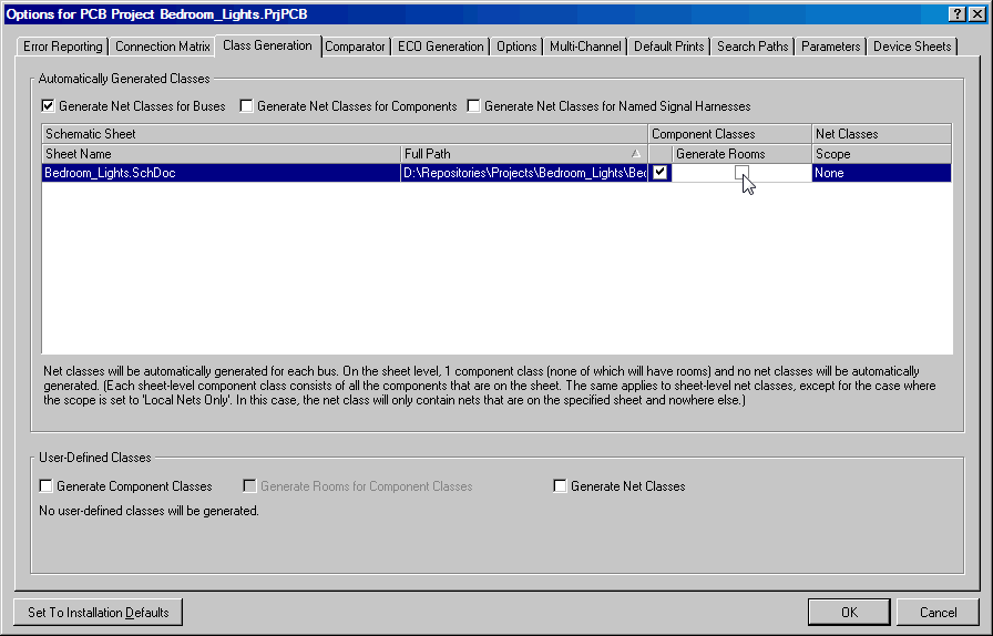 Altium Project Options Class Generation Rooms