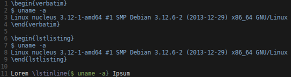 Proper highlighting of verbatim, lstlisting and lstinline environments.