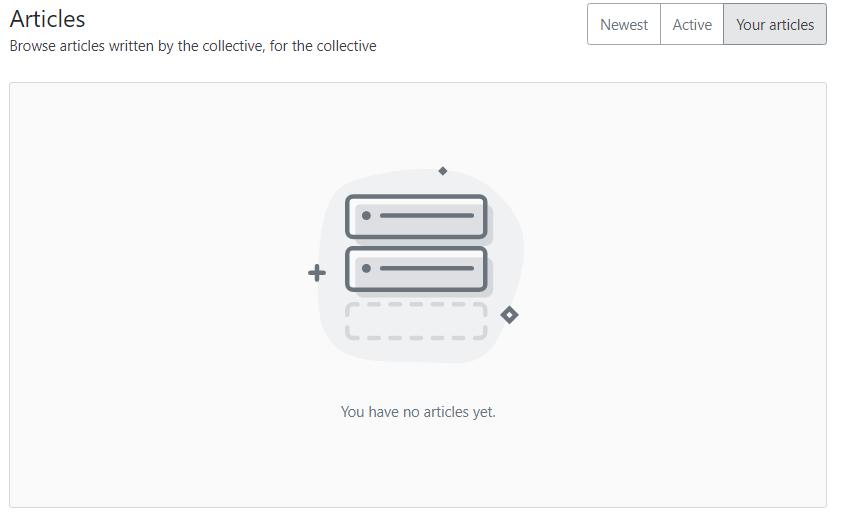 Screenshot of articles page with three tabs, "Newest", "Active", "Your articles"