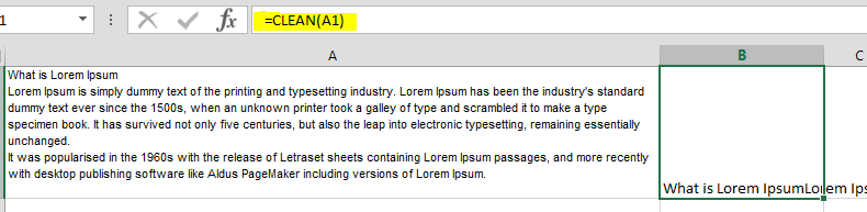 Using the clean formula in excel