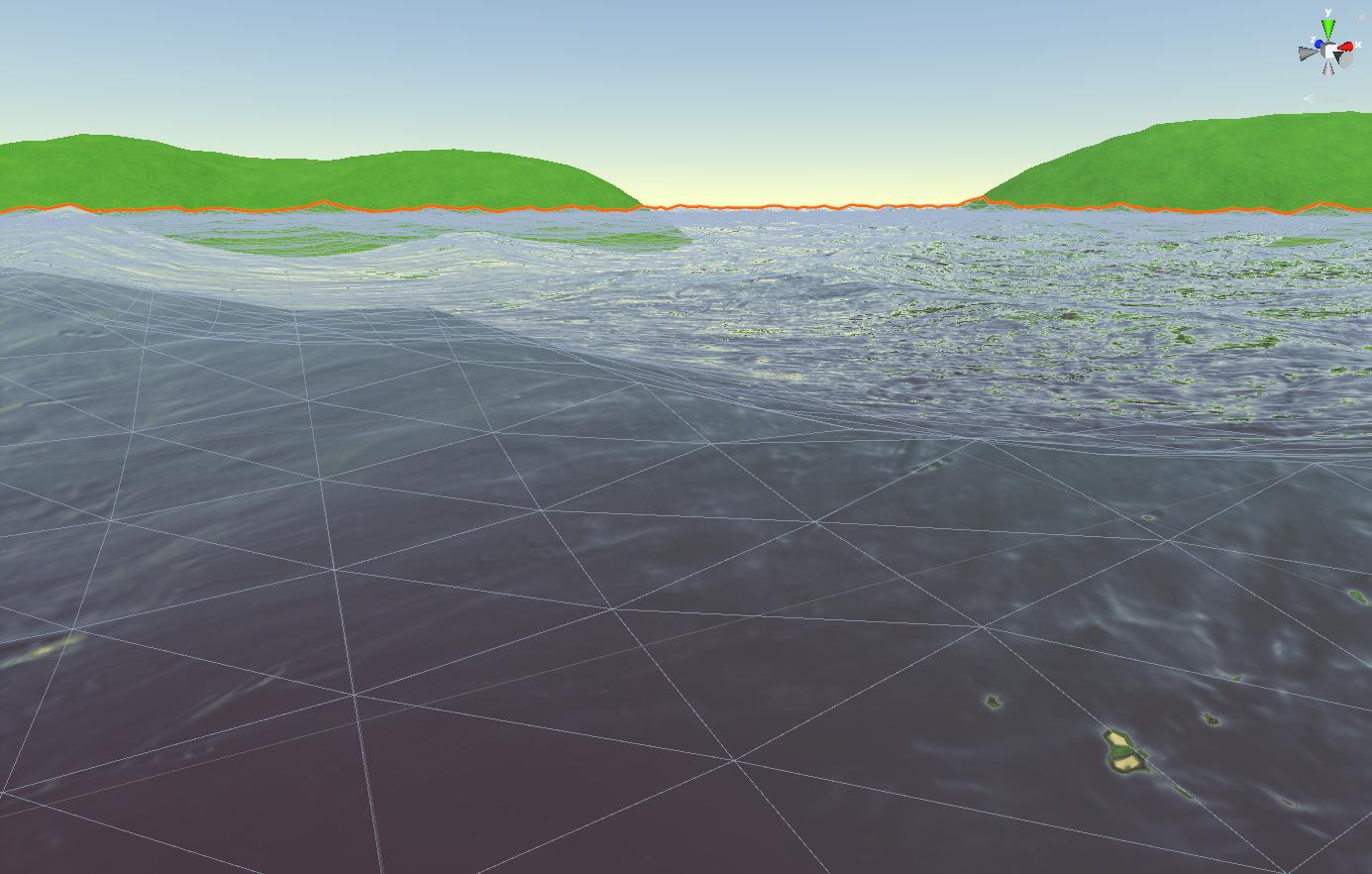 Ocean shader screenshot with wireframe to show vertex offset