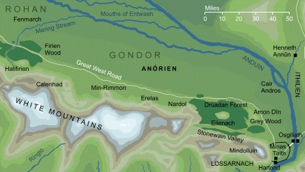 Portion of a map of Middle-earth showing the area immediately north of the White Mountains from Minas Tirith to Rohan, with the Great West Road marked, and the seven hills labeled