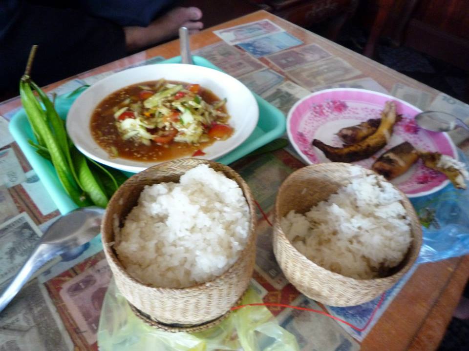 sticky rice lunch in guesthouse lobby