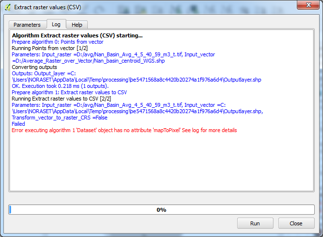 Error message from 'Extract raster values (CSV)'