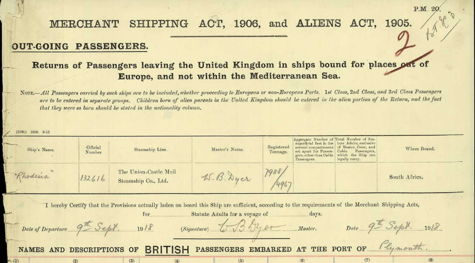 Rhodesia pax list 9 Sept 1918