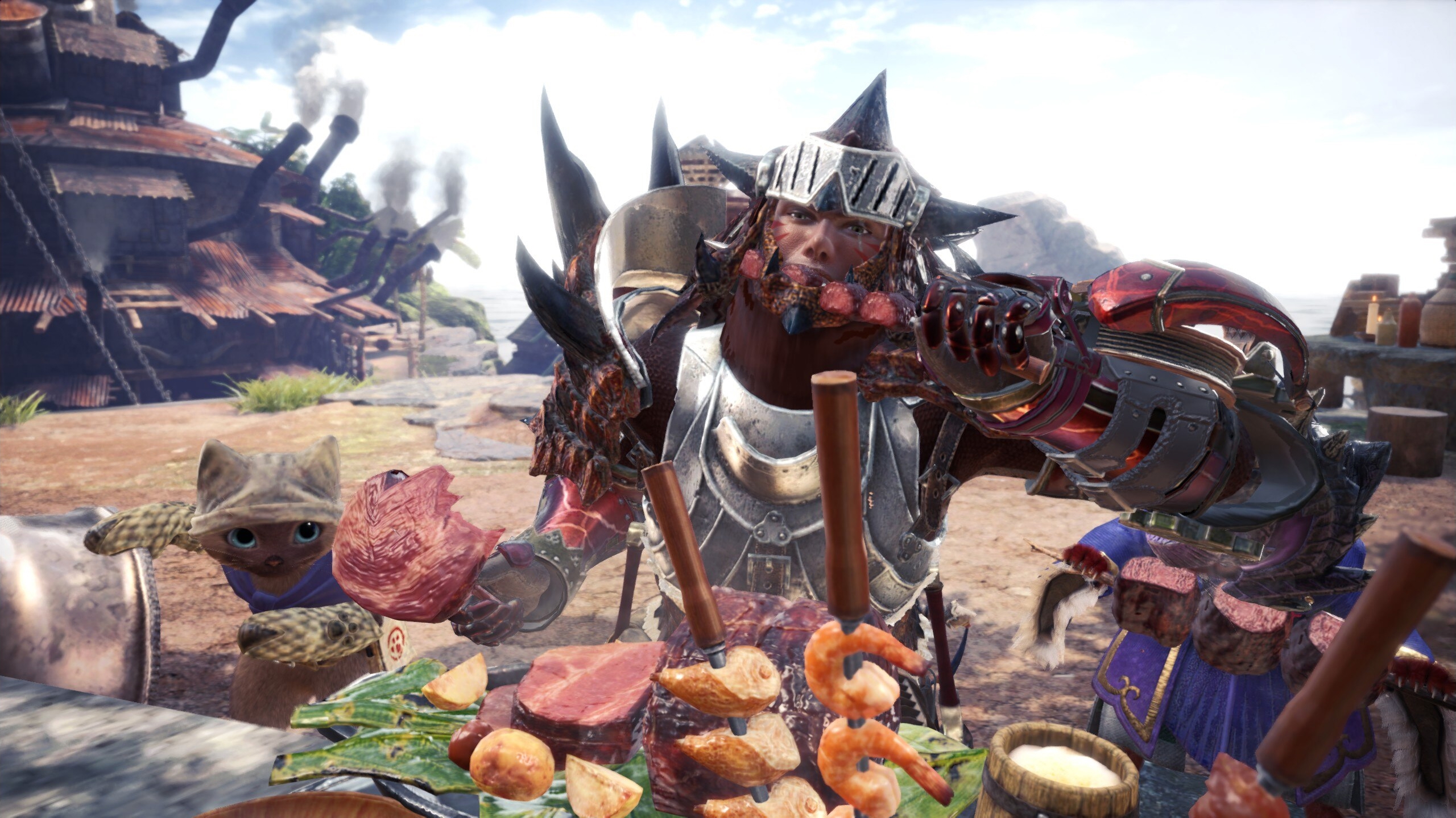 Monster Hunter: World max-level canteen meal being eaten by a hunter