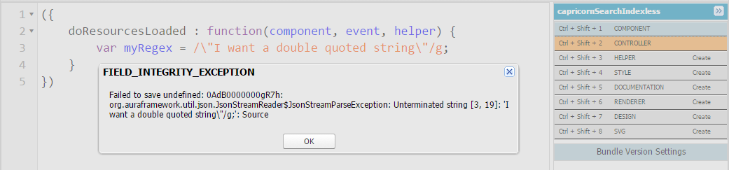 Failed to save undefined... Unterminated string... <code>/\"I want a double quoted string\"/g</code>