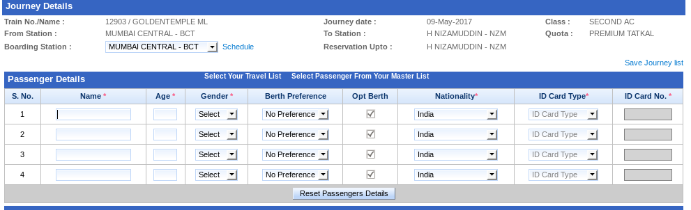 Premium Tatkal booking screen