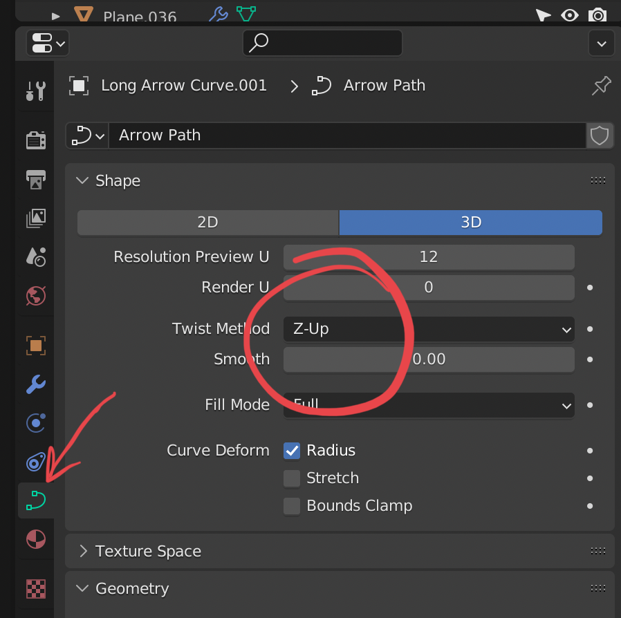 Screenshot showing the Object Data Properties tab, with the Twist Method encircled.