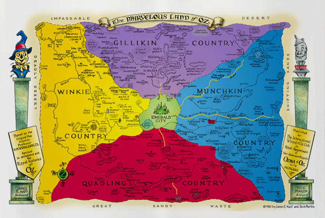 Map entitled "The Marvelous Land of Oz" showing Emerald City in green in the centre with the northern pueple area Gillikin Country, Eastern blue area Munchkin Country, southern red area Quadling Country and the yellow western area Winkie Country