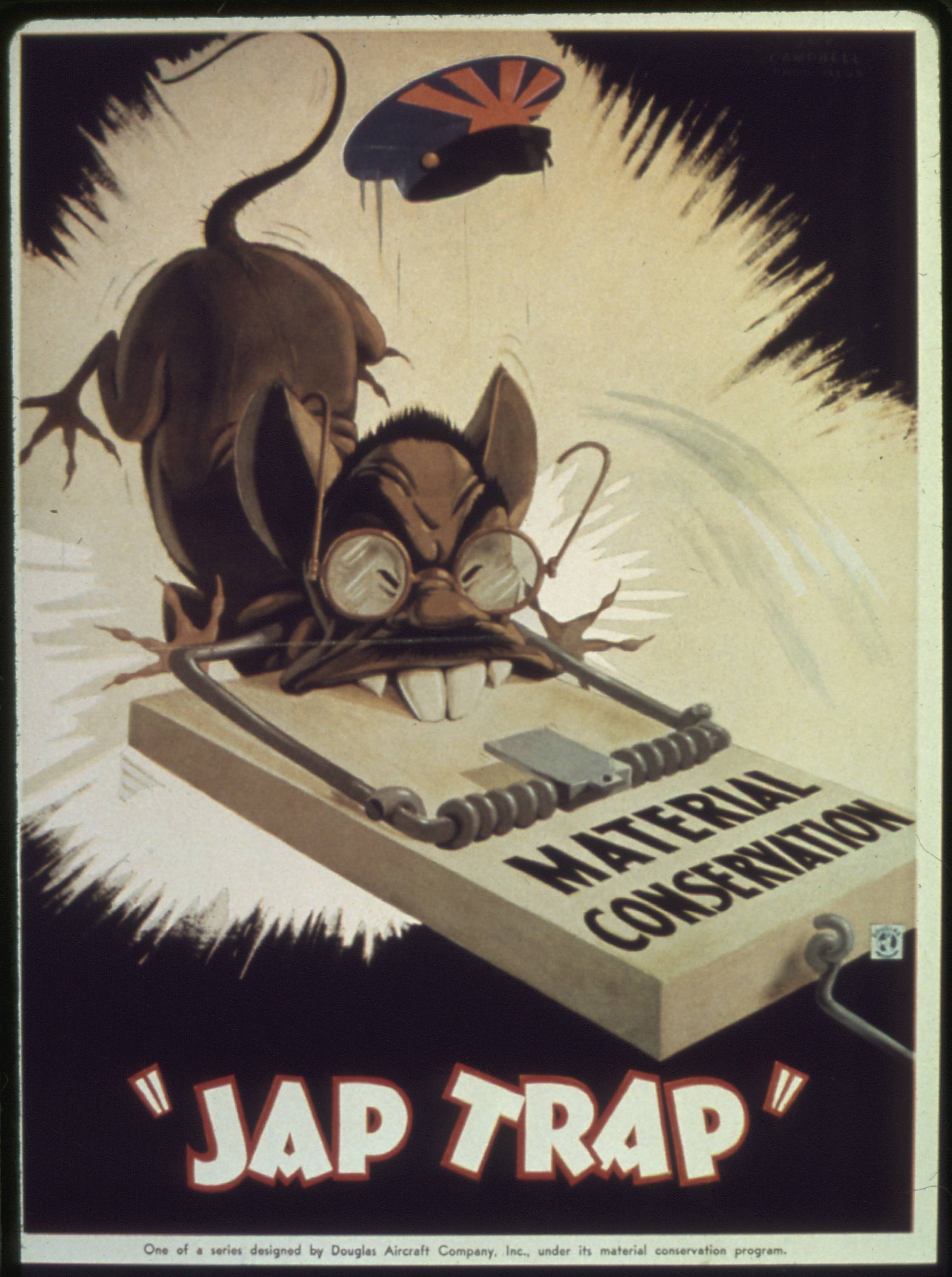 Japanese caricature rat being caught by rat trap labelled "Material conservation" with caption "Jap trap"