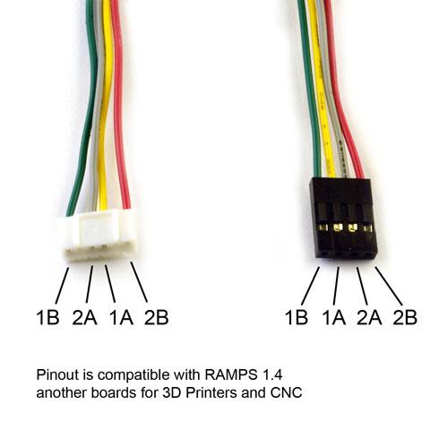 Female DuPont connectors for the control board (4 pin) and JST for
the stepper motors (6 pin PH)