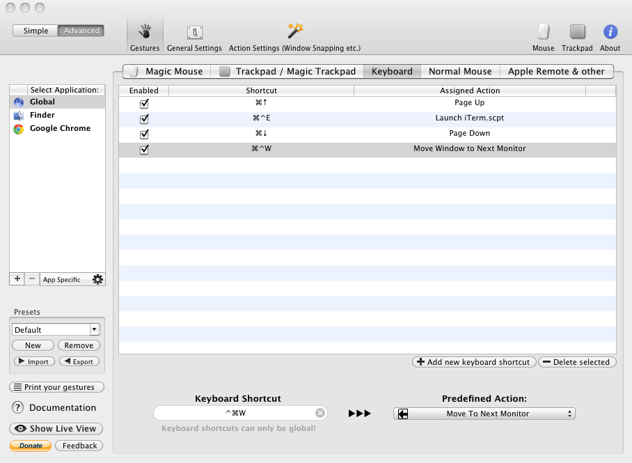 BetterTouchTool keyboard configuration