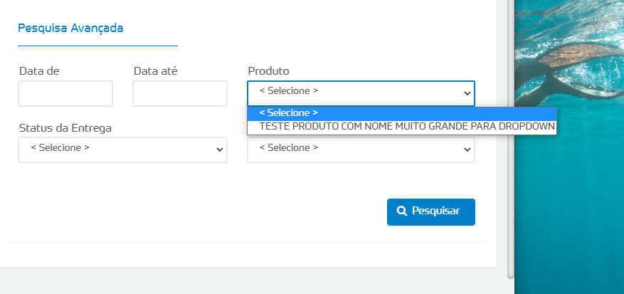 Campo "produto" com o dropdown maior que o campo